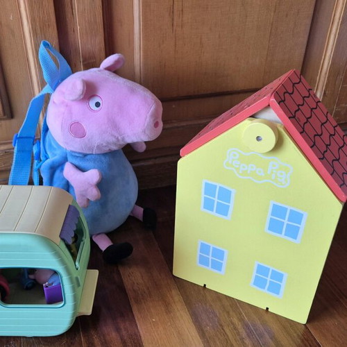 Peppa the Pig toys used with caravan, wooden house and George bag