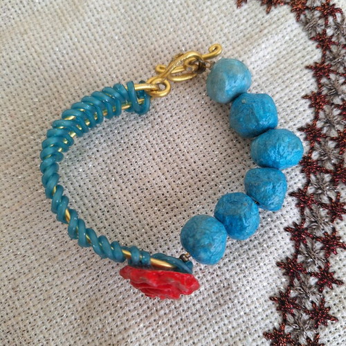 Blue papier-mâché bracelet with rose made to order