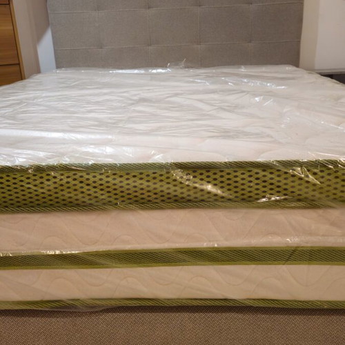 Double bed set with mattress and 2 bedside tables, fabric storage bed