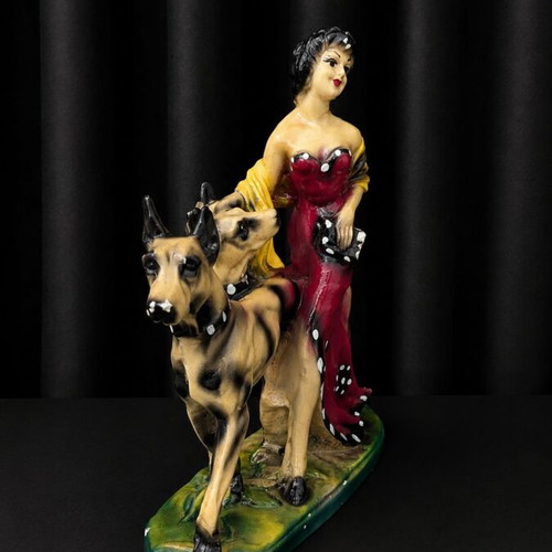 Vintage porcelain statue woman with dogs used decorative
