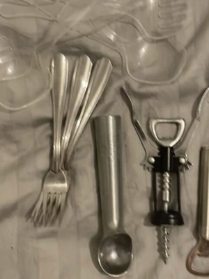 Kitchen utensils like new, corkscrew, scoop, opener, 2 salad sets, 3 forks