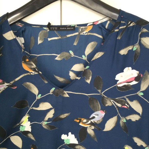 Zara Basic blouse blue with birds new, size Medium