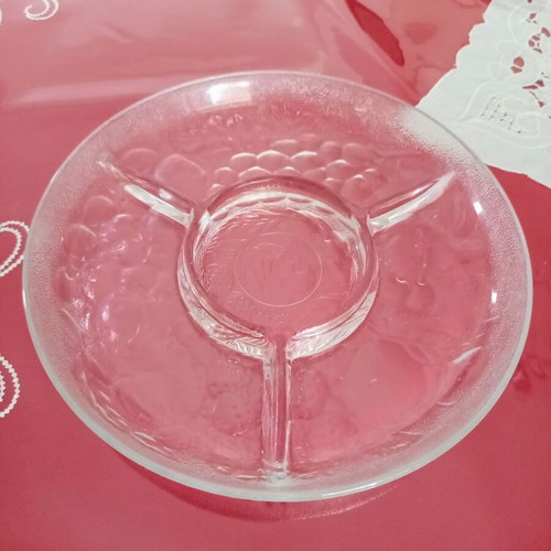 Glass serving platter with 3 compartments used, embossed design