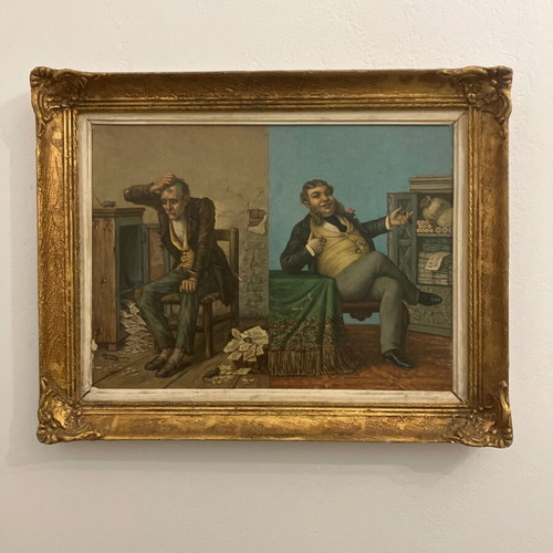 Vintage lithograph poster "Ο πωλών επί πιστώσει" used in old frame