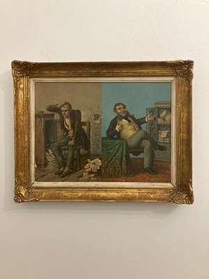 Vintage lithograph poster "Ο πωλών επί πιστώσει" used in old frame