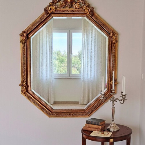 Octagonal baroque style mirror large size like new with beveled crystal