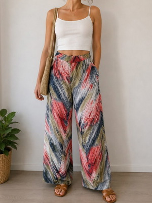 Wide-Leg Pants with Colorful Abstract Pattern by Achilleas Accessories, New, Size L