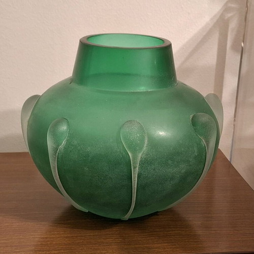 Art vase used, heavy, sand-blasted with appliqued detail