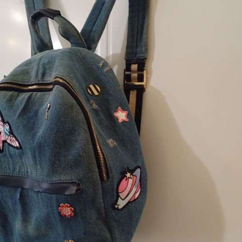 Zara denim backpack like new with patches blue and beige