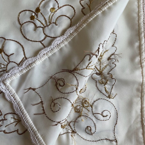 Handmade tablecloth with crochet lace used