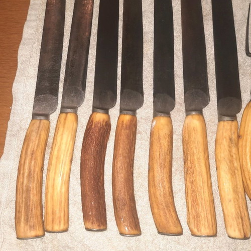 Lund collectible cutlery used, stag handle, 1840 era, 12 forks 7 steel knives