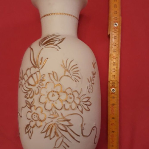 Limoges porcelain vase used, white matte with embossed gold flowers