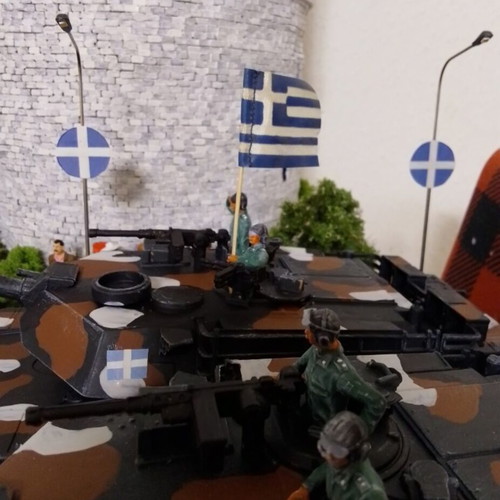 Athena figures diorama of military parade in Thessaloniki with Plexiglas box