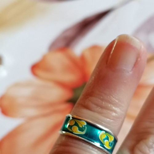 Silver 925 Painted Petrol Color Toe Ring new with Yellow and White Designs
