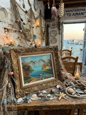 Vintage πίνακας τοπιογραφίας impasto 40×47 με σκαλιστή κορνίζα
