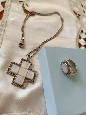 925 silver vintage jewelry set with marcasite and white coral, ring size 8