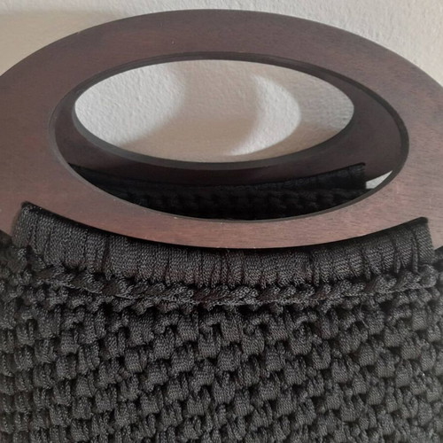 Handmade handbag new with wooden handle, black and brown