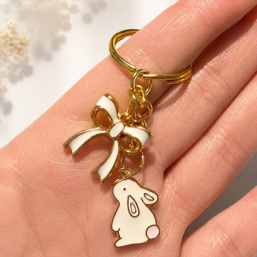 Golden Bunny & Bow Handmade Keychain New, White