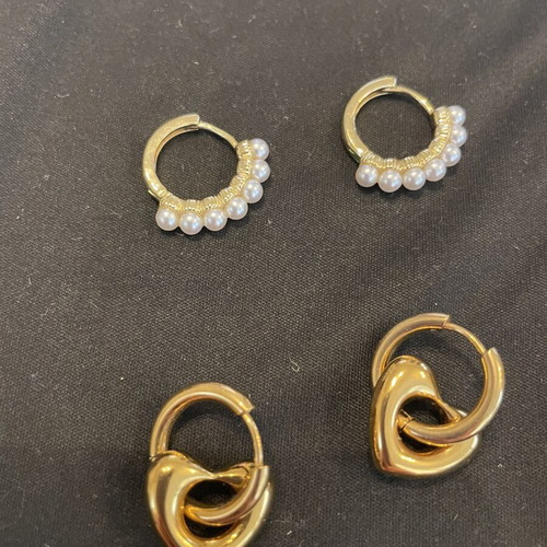 Gold-plated heart and pearl hoop earrings, stainless steel, 2 pairs