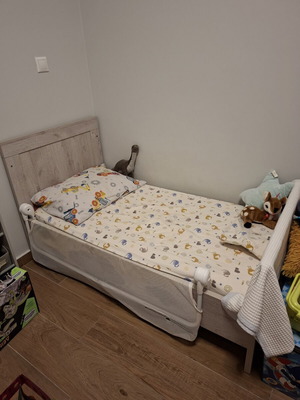 Convertible cot bed with mattress and drawer, grey