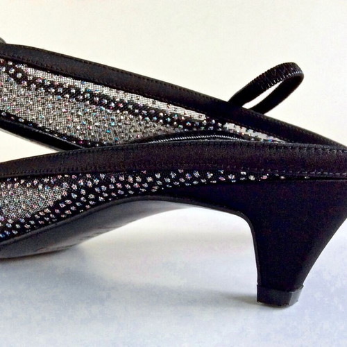 Rodo black satin slingbacks with iridescent crystals used