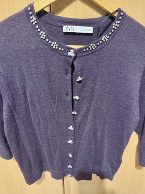 Zara purple cardigan with rhinestones, like new, elbow-length sleeve