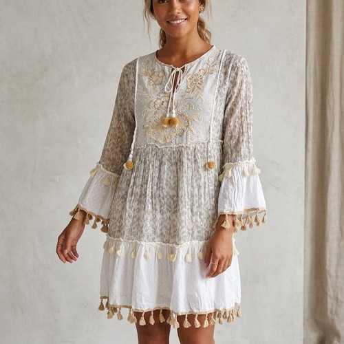 Boho dress tunic with rich embroidery and tassels like new