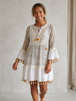 Boho dress tunic with rich embroidery and tassels like new