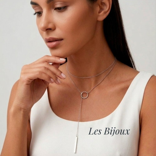 Steel Double Lariat Necklace with Ring and Bar