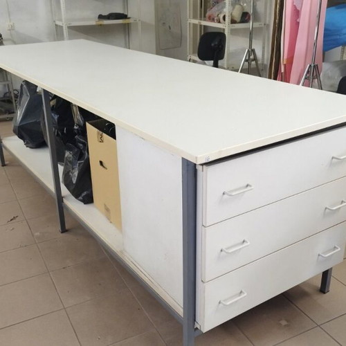 Workbenches used, double with melamine, one with triple drawers, one with single drawer