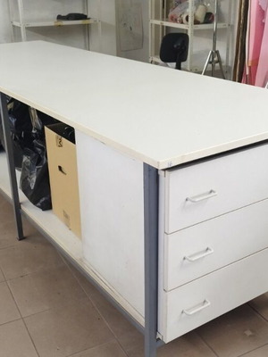 Workbenches used, double with melamine, one with triple drawers, one with single drawer