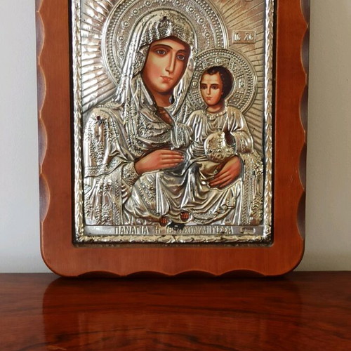Silver Byzantine Icon of Panagia Tsotylitissa Slevori like new 27x21 cm