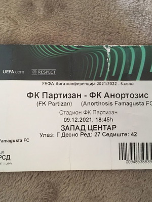 Билет за мач Партизан Анортозис 2021 употребяван