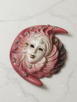 Vintage Venetian μάσκα φεγγαριού ροζ κεραμική σαν καινούργιο 1980s-90s