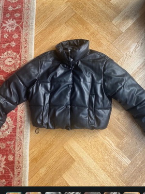 Zara black faux leather cropped puffer jacket