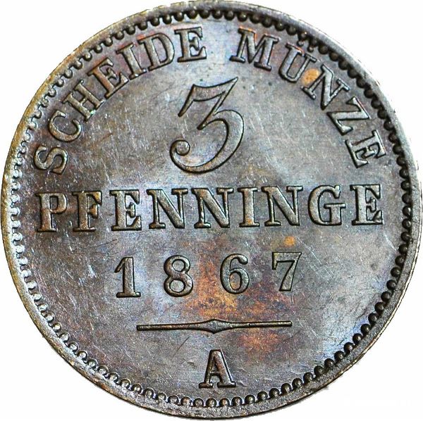  1867 A, PRUSSIA BRANDEMBURG 3 PFENNIG WILHELM I