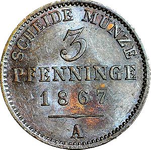 1867 A, PRUSSIA BRANDEMBURG 3 PFENNIG WILHELM I