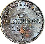  1867 A, PRUSSIA BRANDEMBURG 3 PFENNIG WILHELM I