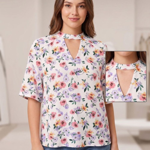 Floral Chiffon Blouse with Cut-out Neckline like new, size L