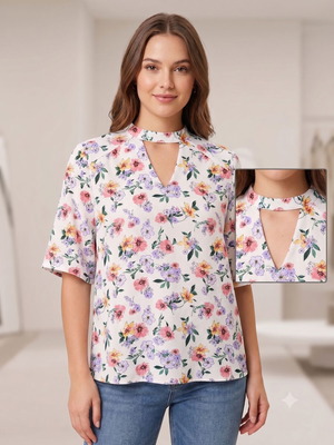 Floral Chiffon Blouse with Cut-out Neckline like new, size L