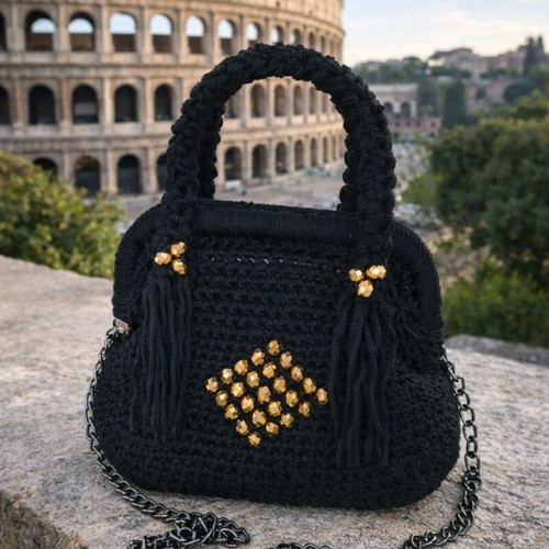 Roma Noir handmade black crossbody bag new with gold details