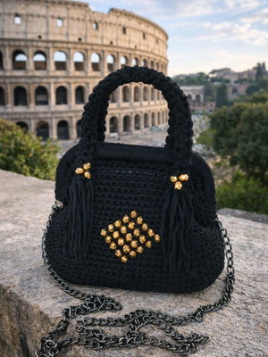 Roma Noir handmade black crossbody bag new with gold details