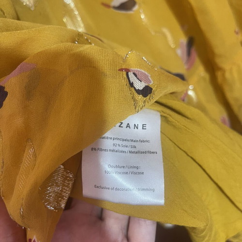 Sézane Aure silk dress used, yellow with gold floral details