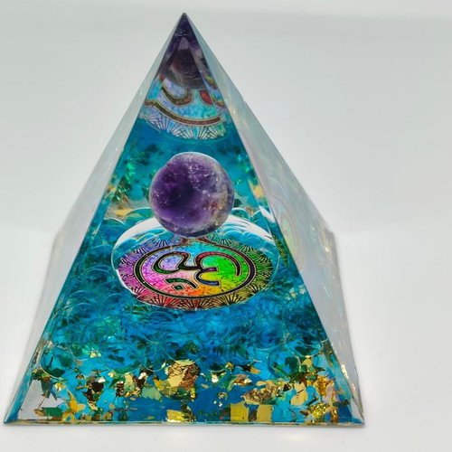 Orgonite pyramid with amethyst and Om symbol like new