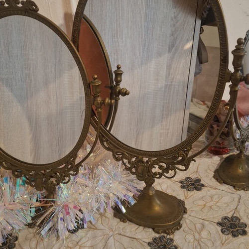 Vintage brass tabletop mirror set of 3 Baroque Rococo style, like new