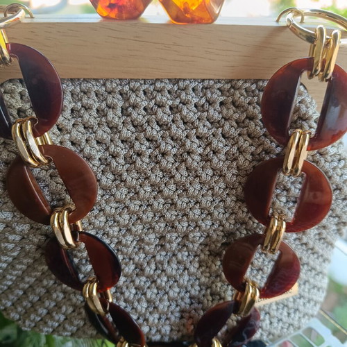 Handmade clutch bag beige with wooden frame and amber beads, new