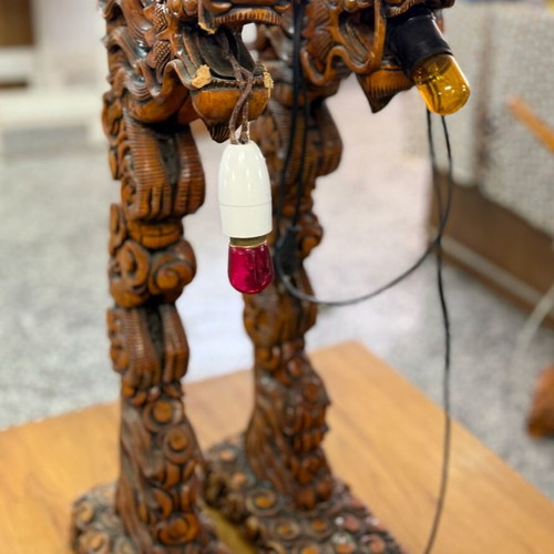 Handmade Wooden Table Lamps Set with Dragons and Eagle like new