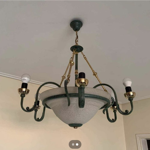 Vintage ceiling chandeliers set of 2 used, 6-light green bronze metal
