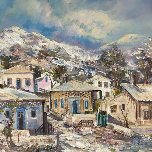Relief oil painting by N. Papadopoulos in frame, like new, snowy landscape