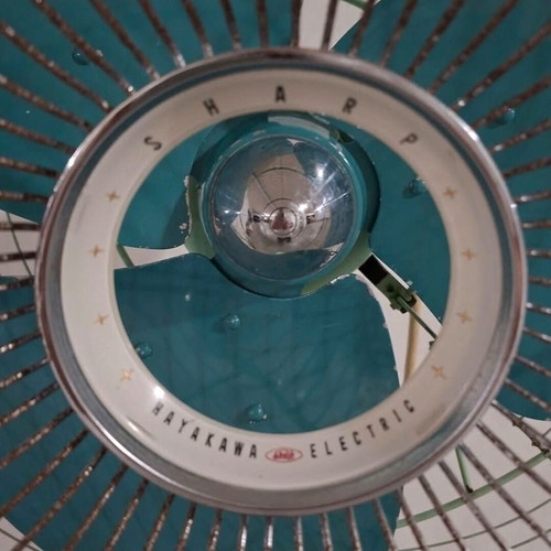 Vintage Sharp floor fan used, 1960-1970s, aquamarine color